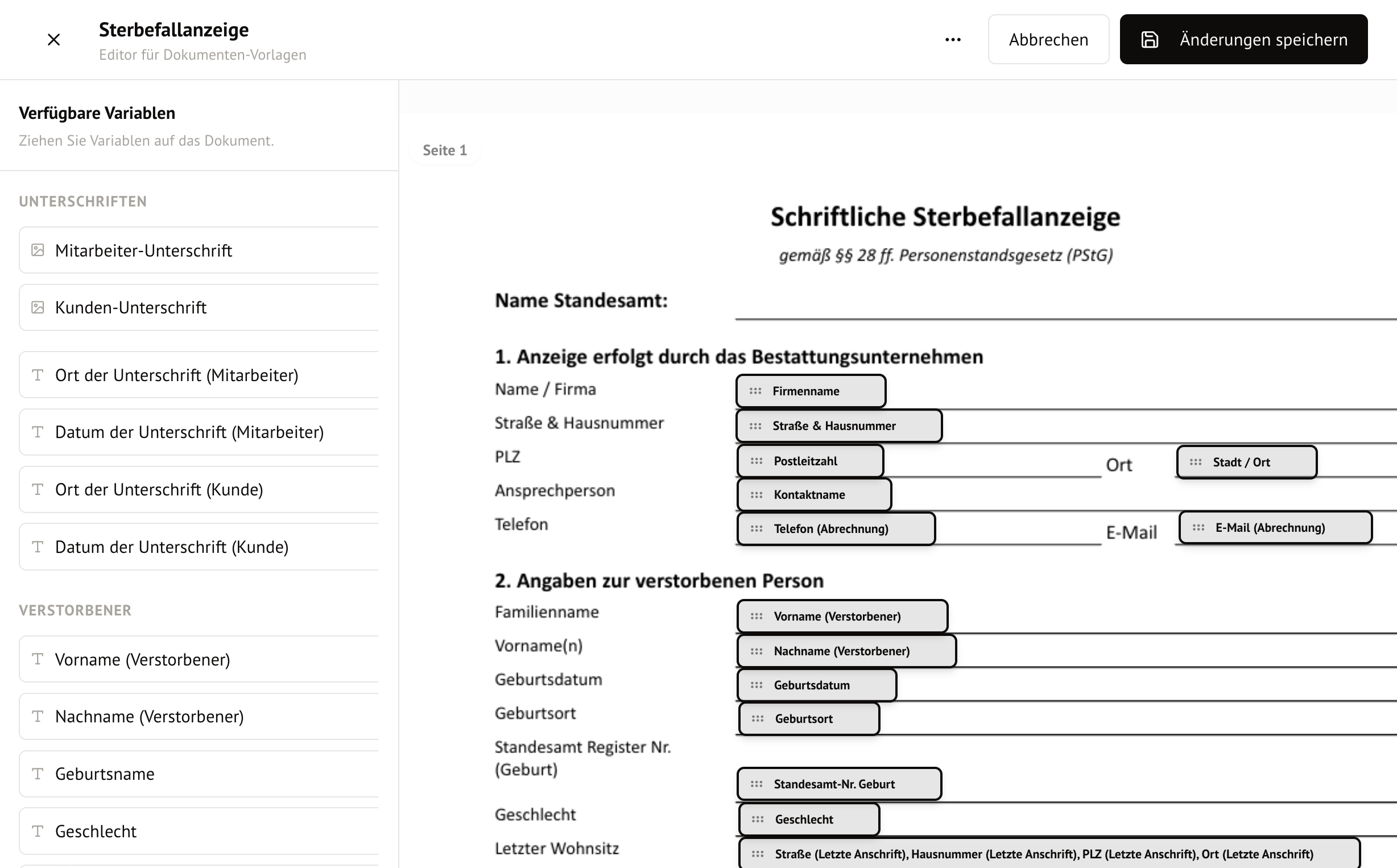 Dokumentvorlage in BestattungONE erstellen und PDF konfigurieren