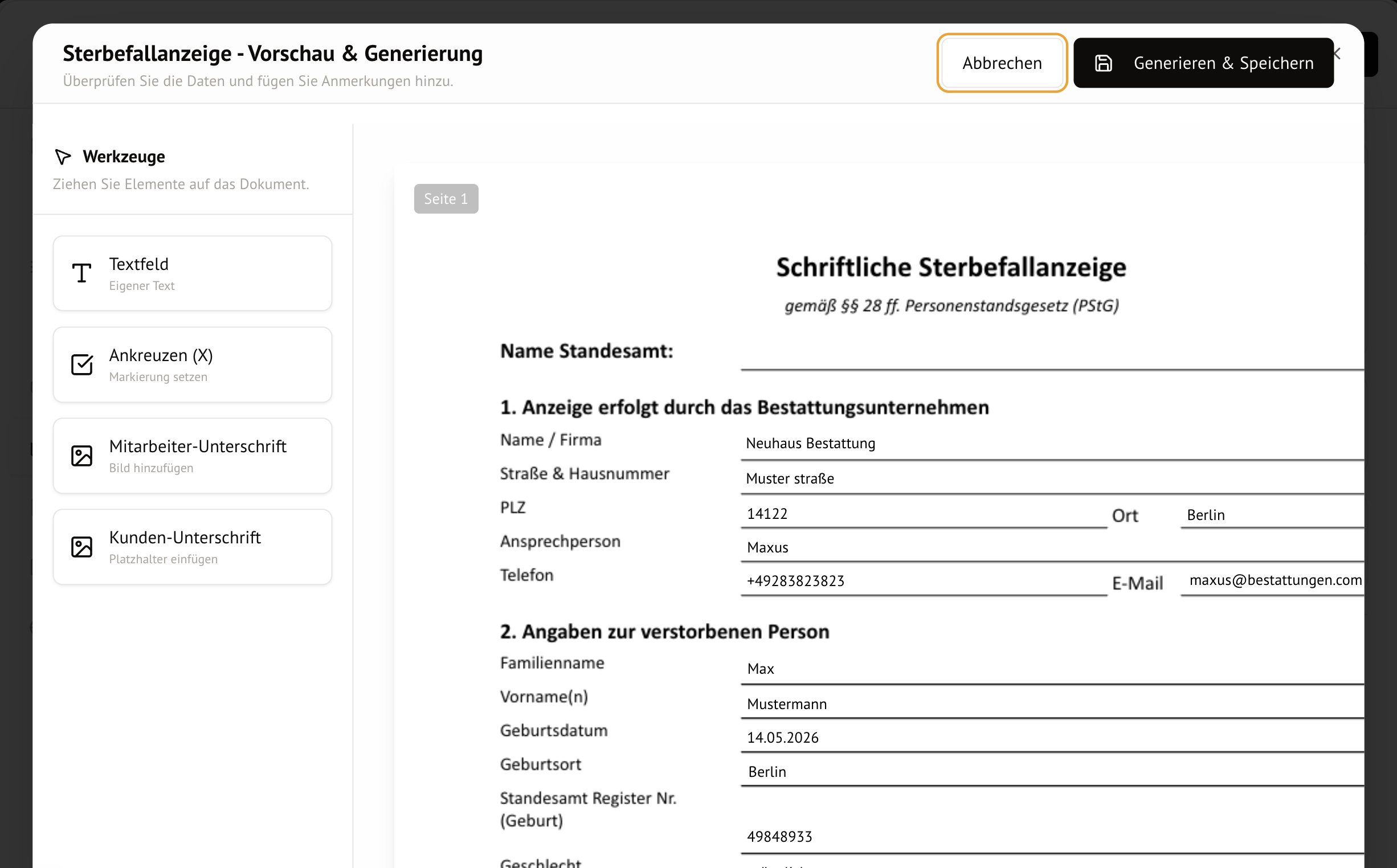 Dokument in einem Sterbefall automatisch generieren