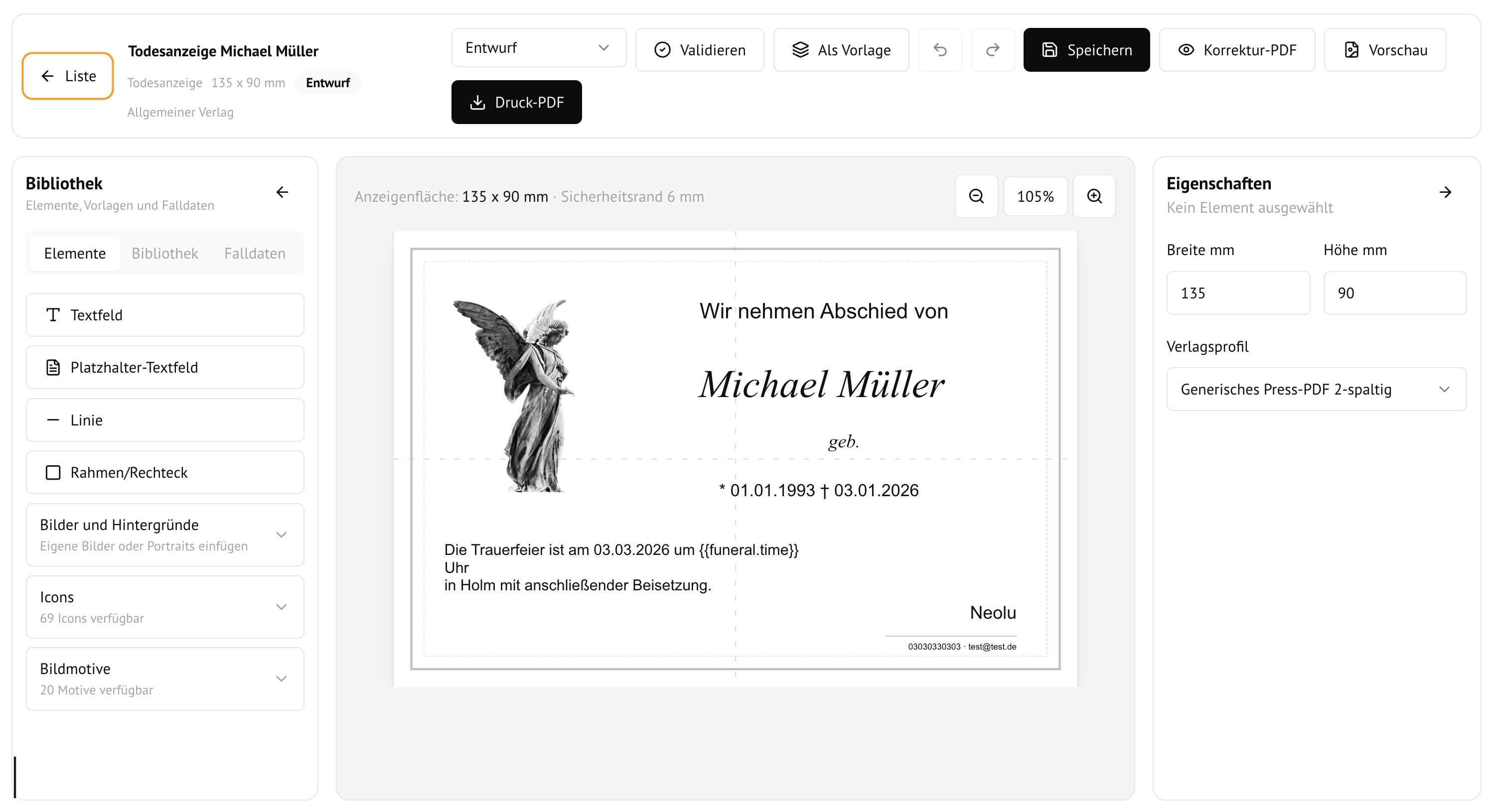 Trauerdruck mit Zeitungsanzeige, Gedenkkarte und Adressverwaltung in BestattungONE